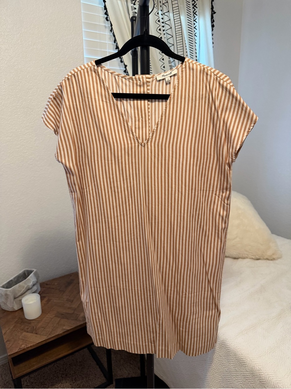Madewell Tan and White Striped V-Neck Tunic